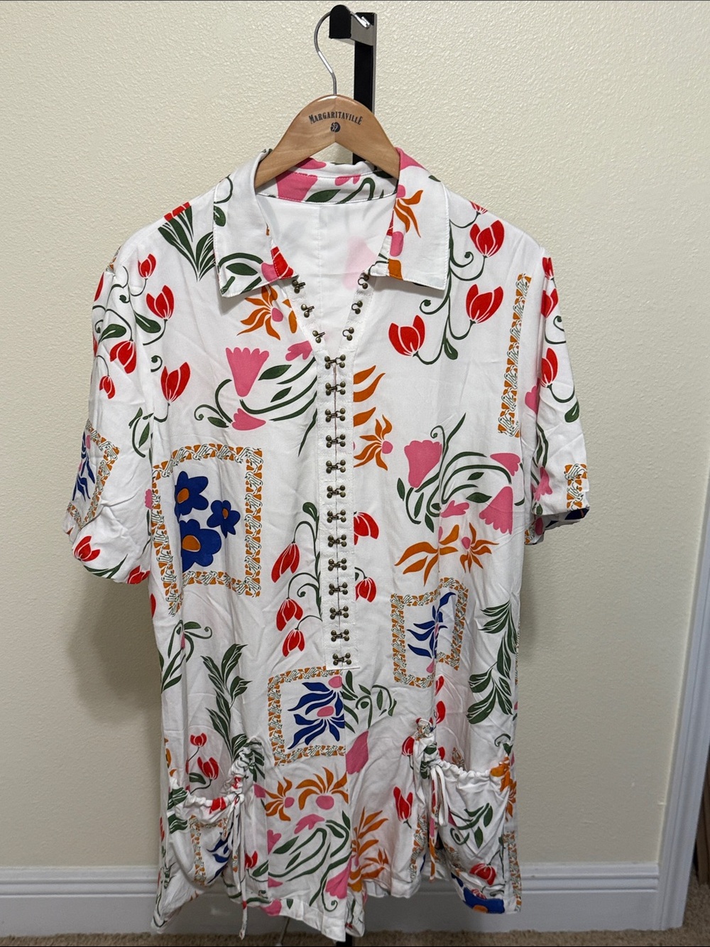 Floral Print Short Sleeve Shirt - White with Multicolor Floral